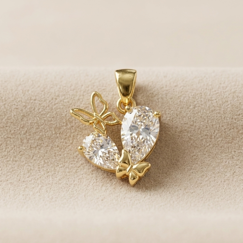 Golden Flutter Butterfly Crystal Pendant Necklace