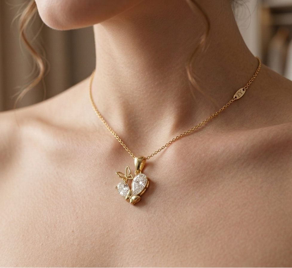 Golden Flutter Butterfly Crystal Pendant Necklace