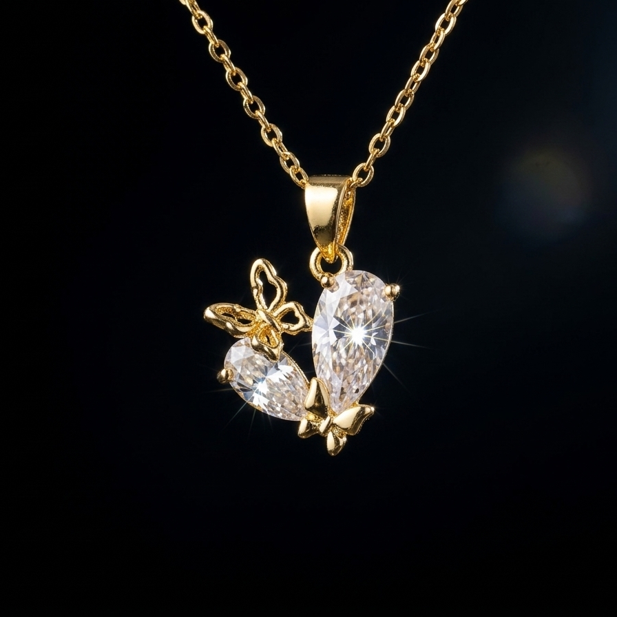 Golden Flutter Butterfly Crystal Pendant Necklace