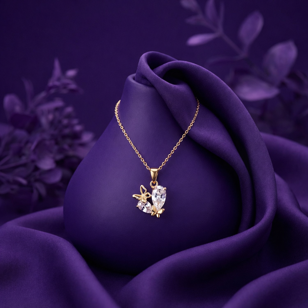 Golden Flutter Butterfly Crystal Pendant Necklace