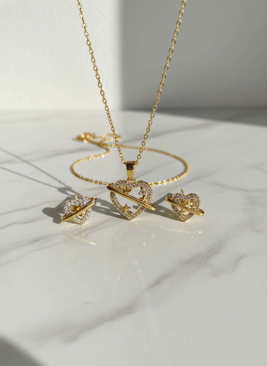 Celestial Heart Orbit Necklace & Earrings Set