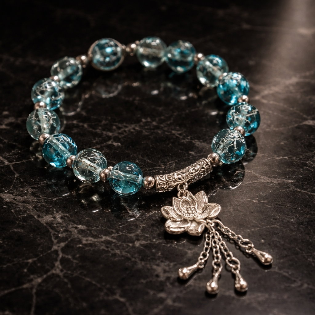 Aqua Lotus Charm Bead Bracelet